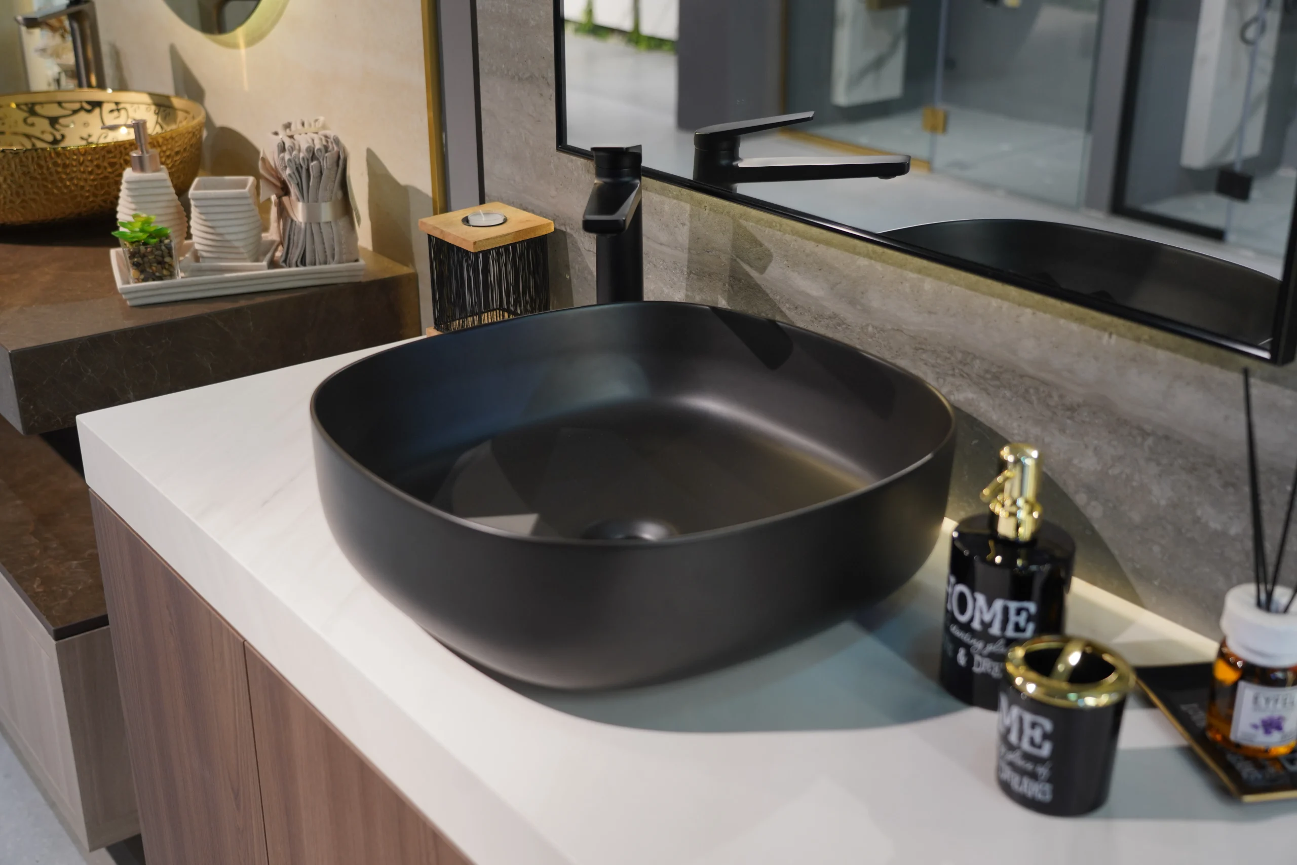 Matte Black Vessel Sink with Minimalist Fixtures